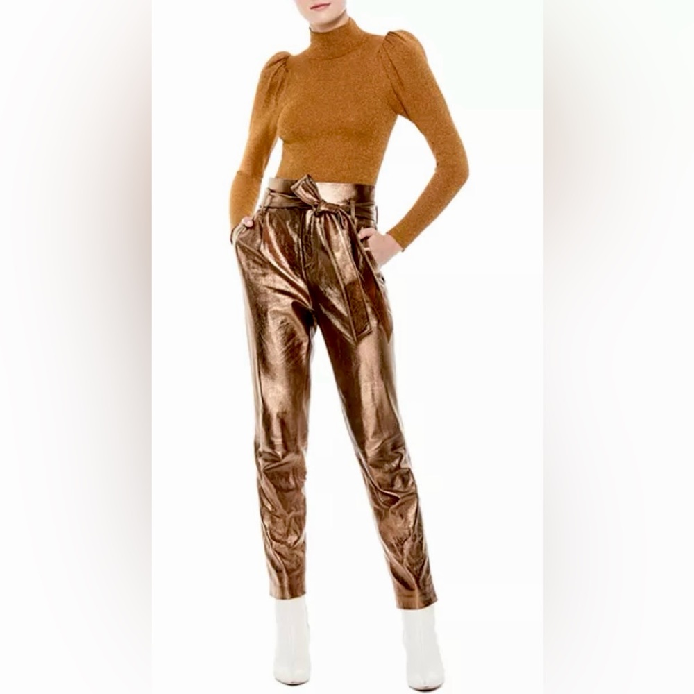 Alice + Olivia Issa Gathered Wool-blend Turtleneck Camel Metallic
